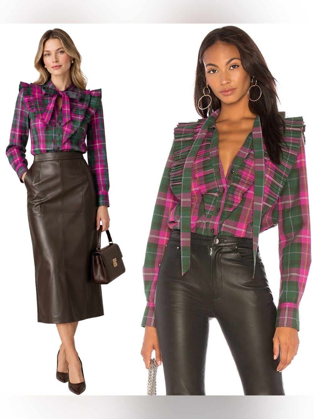 Current/Elliott Purch Shirt Pink Green Tartan Plaid Bow Tie Ruffle Cotton Top 0